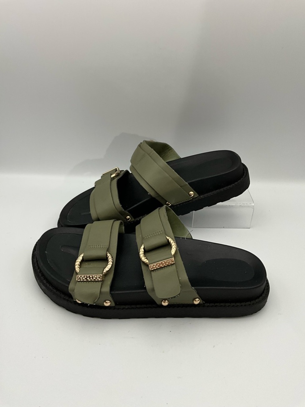 Indigo RD Sandals Size 7 Olive Slide Sandals with Gold Accent Buckles